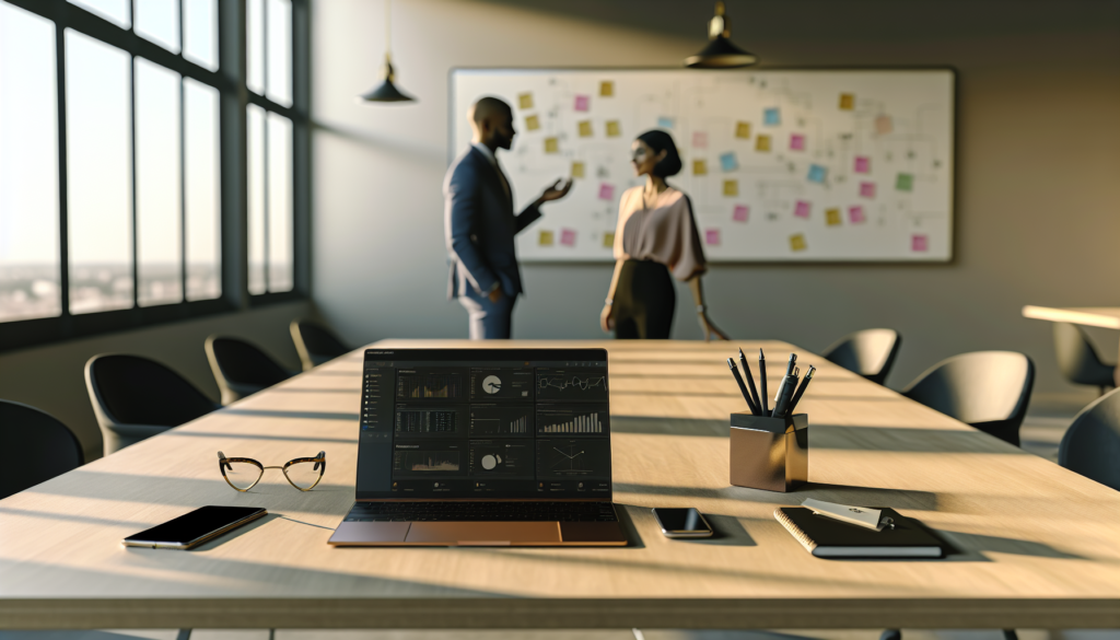 Bureau moderne avec laptop affichant des tableaux d'automatisation processus métier pme dans un espace de travail lumineux