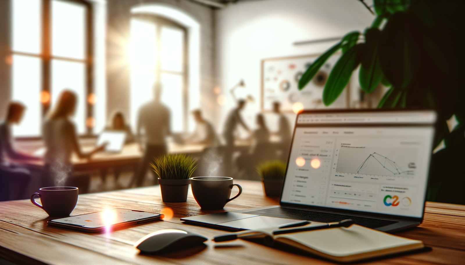 Bureau moderne d’une agence web Oise avec laptop ouvert graphiques SEO café et équipe en arrière-plan