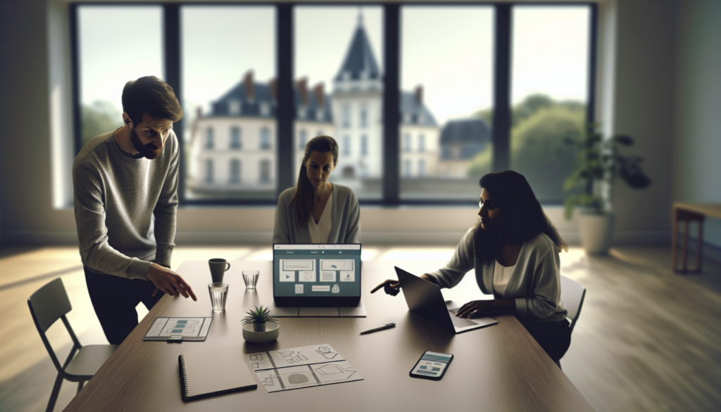 agence web compiègne équipe digitale en réunion autour d’un laptop et tablette planifiant une stratégie site web bureau lumineux