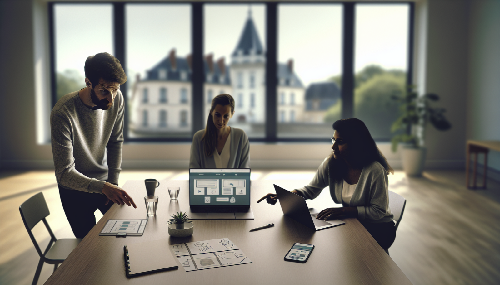 agence web compiègne équipe digitale en réunion autour d’un laptop et tablette planifiant une stratégie site web bureau lumineux