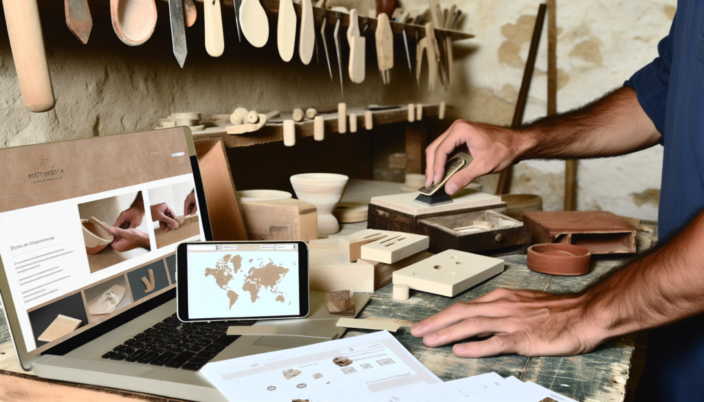 Création sites web artisans atelier français mains au travail ordinateur avec interface web smartphone carte outils et factures floues arrière plan