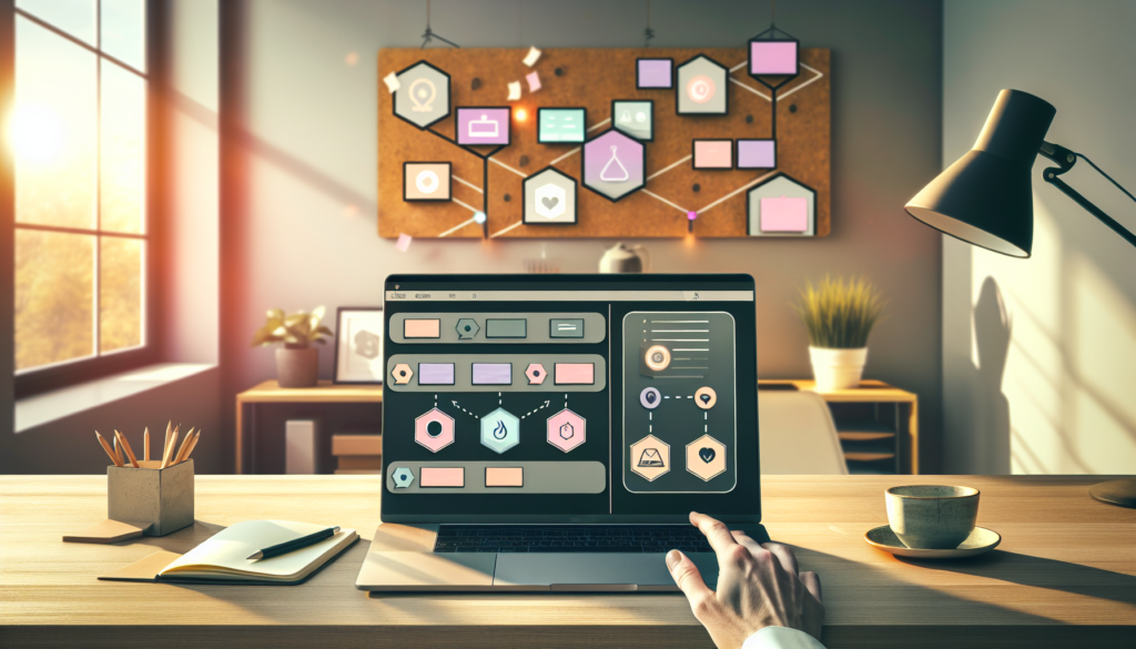 Scénario make gestion prospects sur bureau agence laptop CRM tableau de bord mains au trackpad notes schéma automatisation café