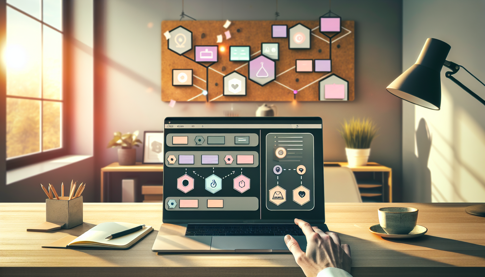 Scénario make gestion prospects sur bureau agence laptop CRM tableau de bord mains au trackpad notes schéma automatisation café