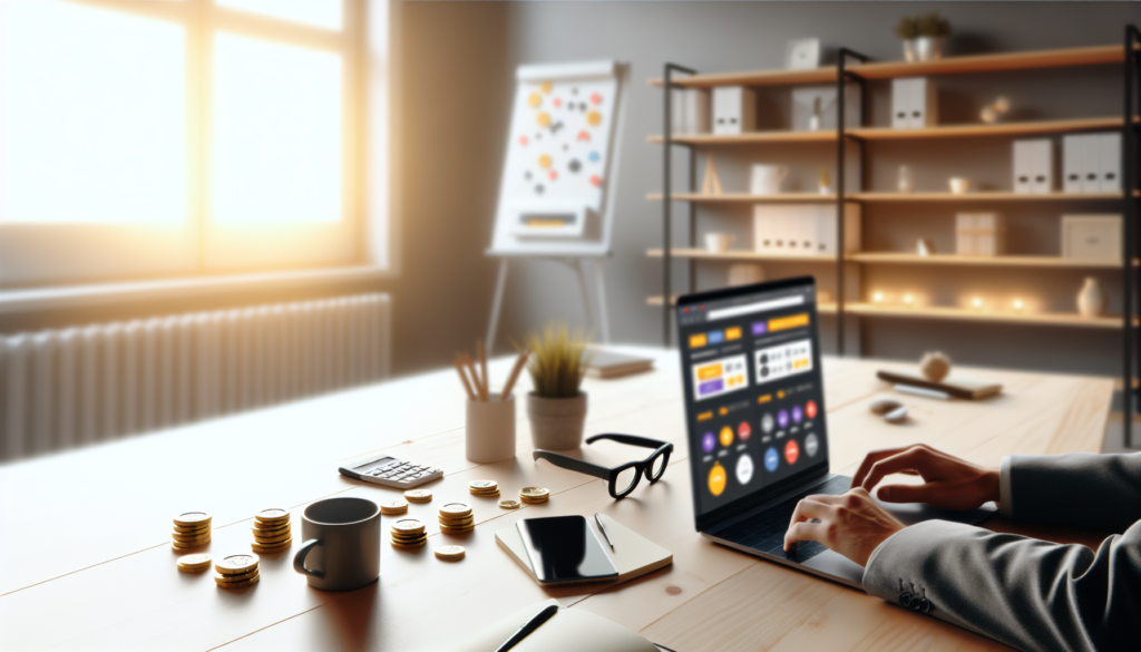 Espace de travail marketing avec laptop analytics et pièces en euros pour estimer les tarifs google ads