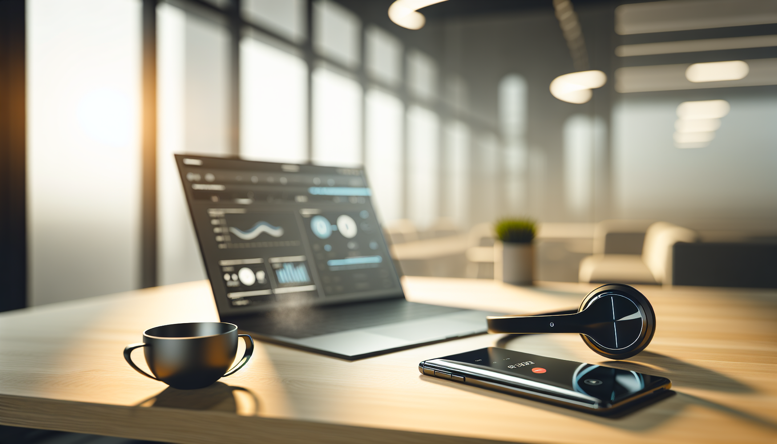 Bureau moderne avec casque sans fil smartphone affichant appel vocal et laptop illustrant un agent vocal ia en action