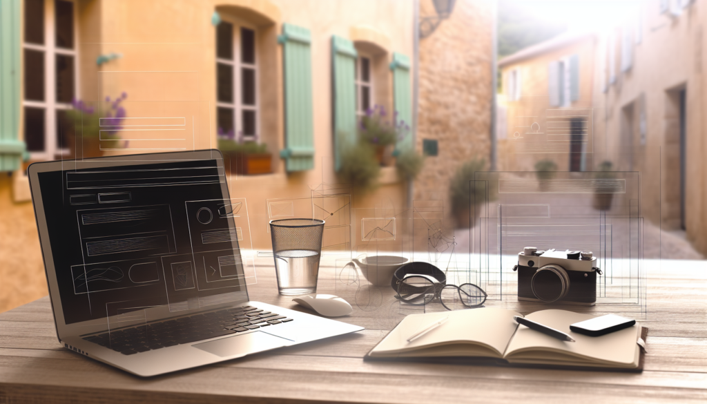 Espace de travail d agence web méru ordinateur avec wireframe et analytics mains en réunion smartphone carte et café lumière naturelle