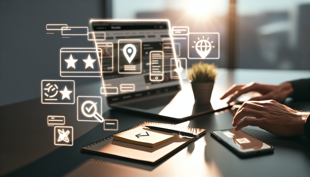 Mains de marketeur avec smartphone et laptop interface profil entreprise pour optimiser fiche google my business en agence digitale