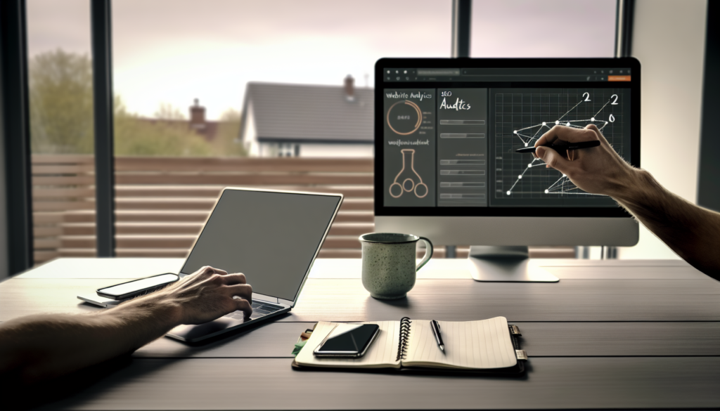 audit seo gratuit en ligne sur tableau de bord analytique consultant au bureau moderne mains sur laptop et écran externe