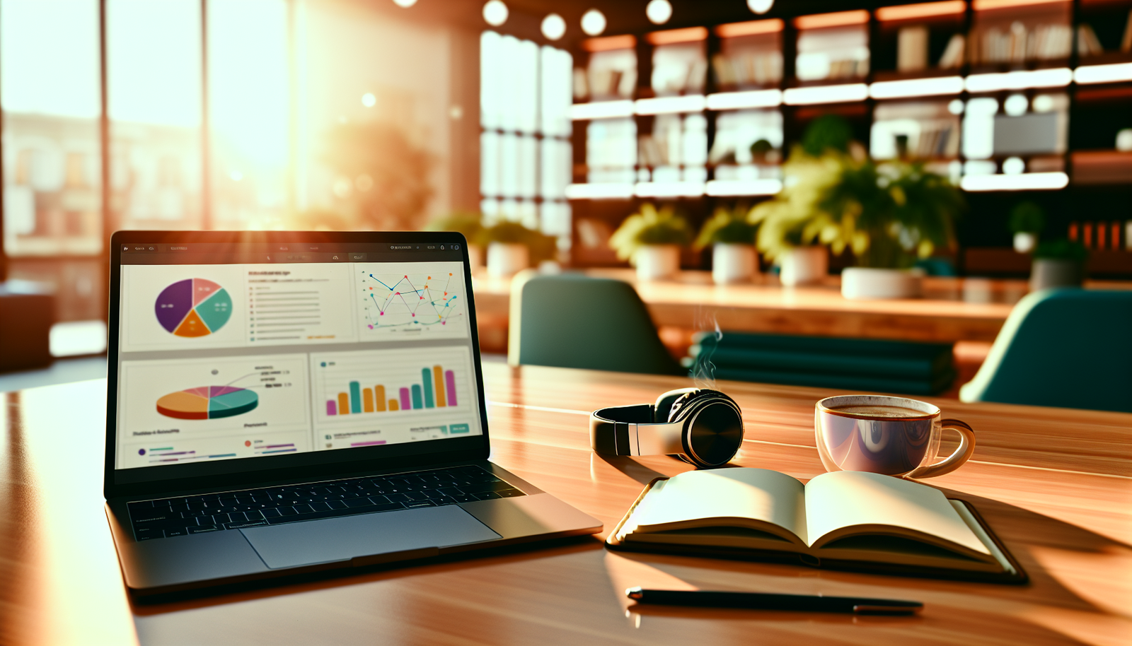 Espace de travail moderne avec ordinateur affichant tableaux de bord publicitaires pour les meilleures formations ads