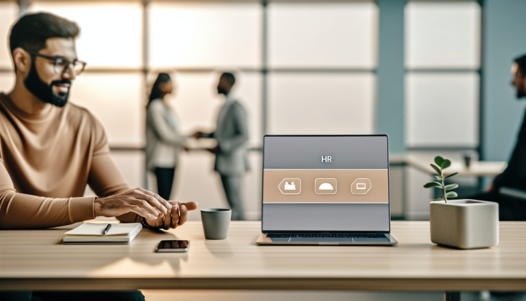 Professionnel RH utilisant un chatbot ressources humaines sur laptop et smartphone bureau moderne collègue en onboarding en arrière-plan
