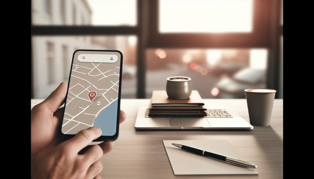 Mains tenant un smartphone avec épingle Google Maps et tableau de bord sur bureau en agence pour référencement google maps gratuit
