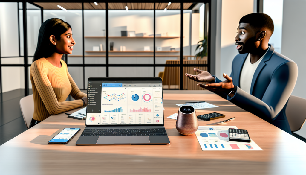 Réunion en agence sur coût agent vocal ia avec laptop analytics smartphone onde vocale calculatrice et documents graphiques
