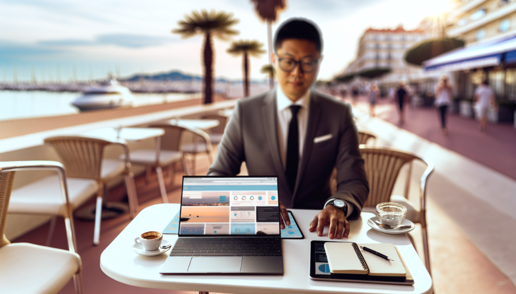 creation site web cannes professionnel agence digitale sur La Croisette travaillant sur laptop wireframe et tablette carte au café