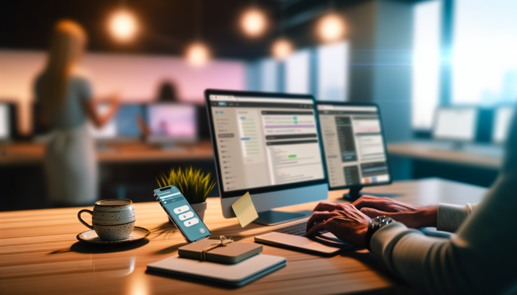 Espace de travail agence avec laptop dashboard WordPress et chat mobile pour intégrer chatgpt wordpress sur site