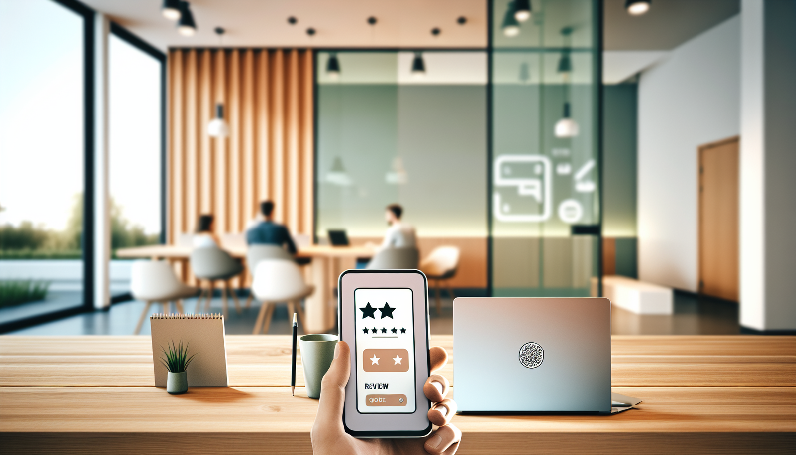 comment avoir des avis google sur smartphone avec interface étoiles et QR code dans agence marketing avec laptop analytics bureau moderne