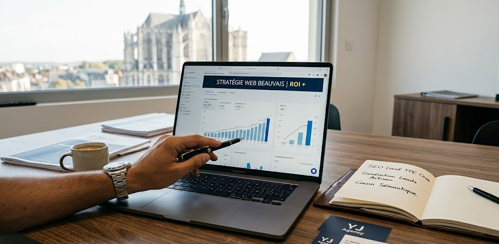 Consultant de l'agence web YJ Agency à Beauvais analysant une stratégie de création de site internet rentable sur ordinateur portable pour une TPE de l'Oise. L'écran montre un tableau de bord de SEO local optimisé pour la génération de leads.