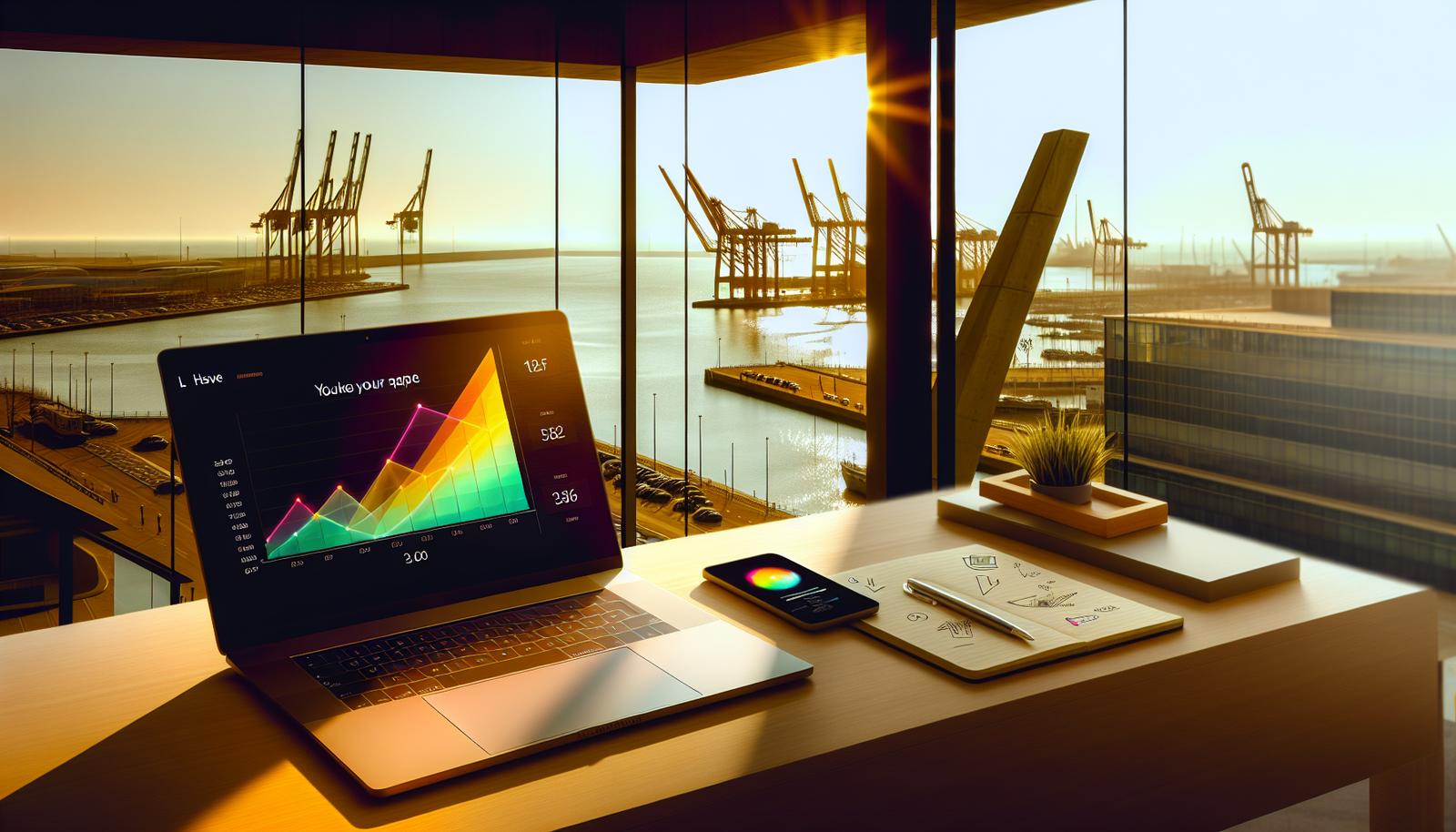 Espace de travail digital avec analytics et vue sur le port du Havre, agence de référencement Le Havre