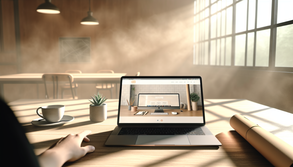 Espace de travail d'agence créative avec MacBook affichant un site sur mesure en conception moderne