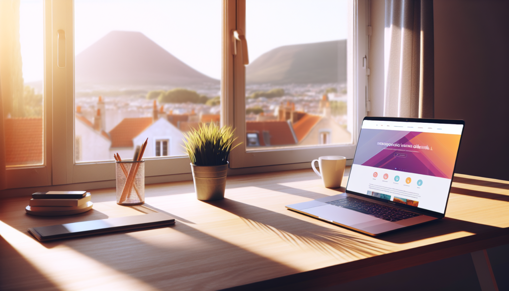 Espace de travail moderne avec ordinateur affichant maquettes web à Clermont-Ferrand, Puy-de-Dôme en arrière-plan