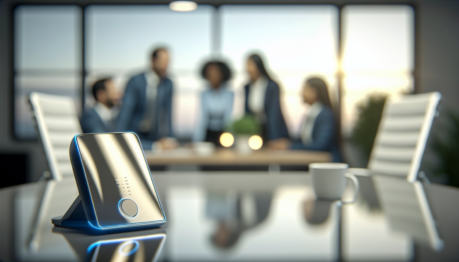 Standard téléphonique IA moderne sur bureau avec équipe collaborative en arrière-plan dans open space lumineux