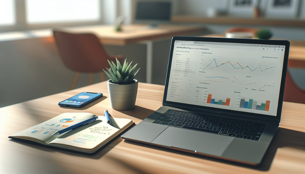 Bureau marketing moderne avec ordinateur affichant tableaux de bord ads définition et analyses publicitaires digitales