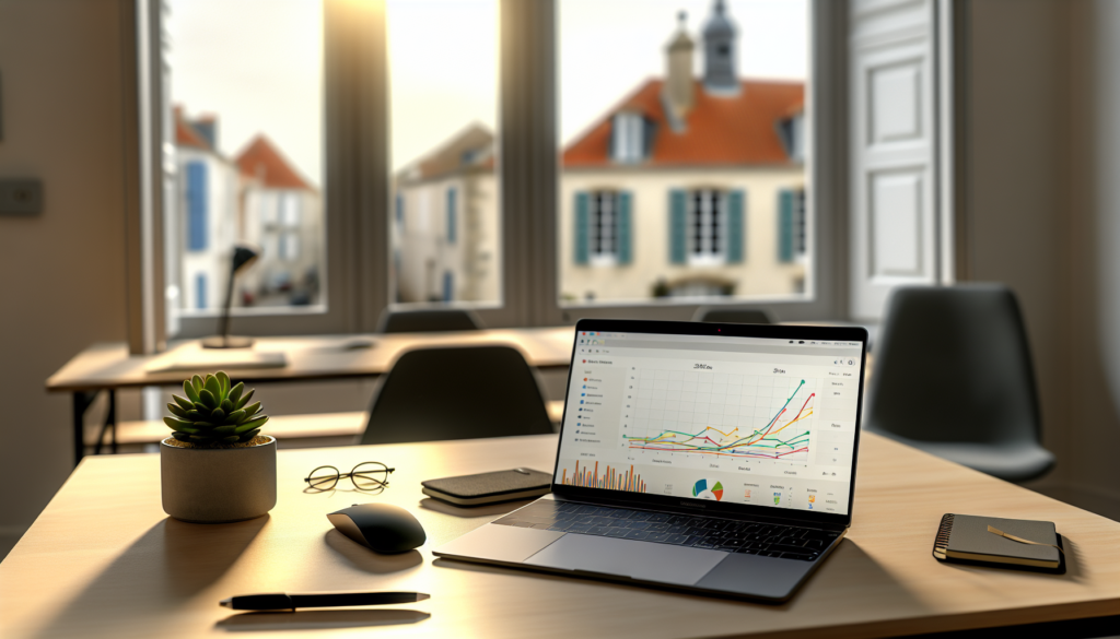 Ordinateur portable affichant des statistiques de croissance sur bureau moderne pour référencer son site web la roche sur yon