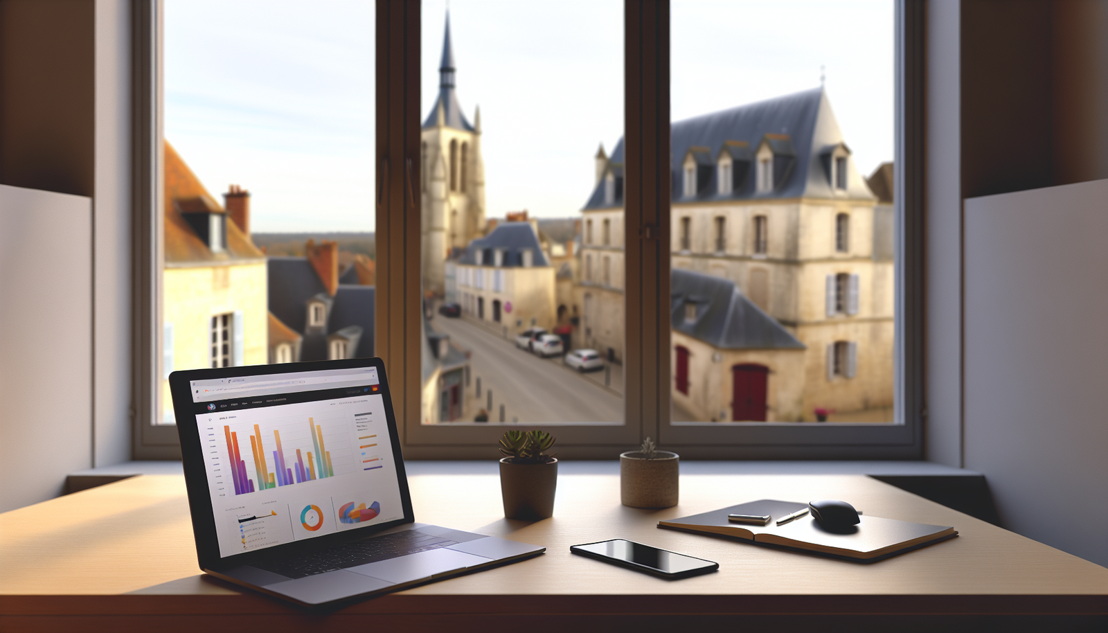 Espace de travail moderne agence web Senlis avec vue sur architecture médiévale et écran analytics site internet