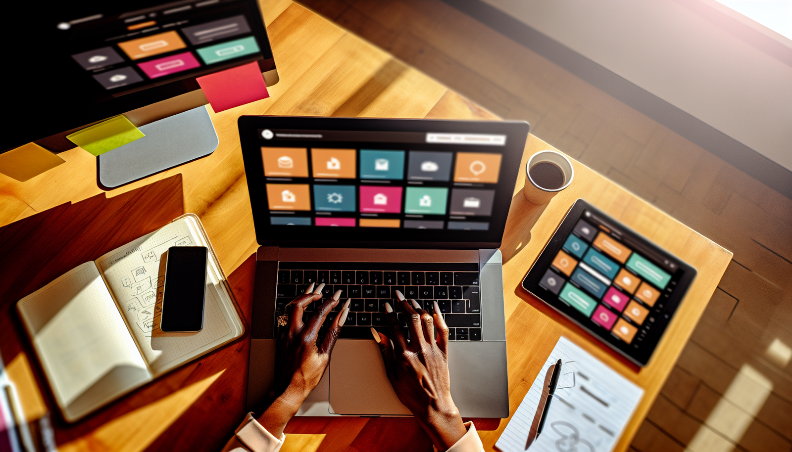 Personne comparant différentes plateformes de sites web sur ordinateur, tablette et smartphone pour choisir plateforme site web