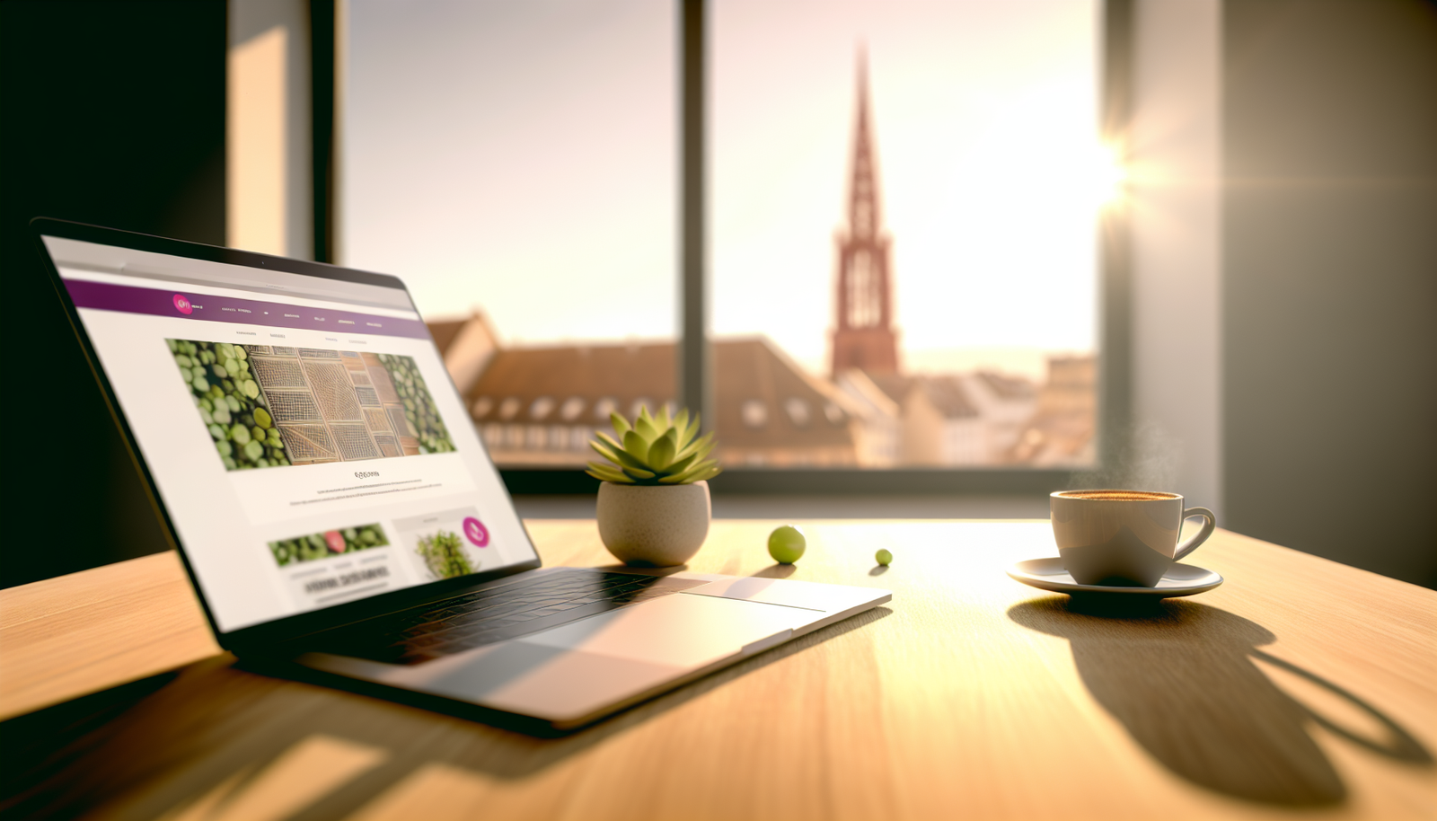 Espace de travail moderne avec MacBook affichant des maquettes web à Strasbourg, cathédrale en arrière-plan
