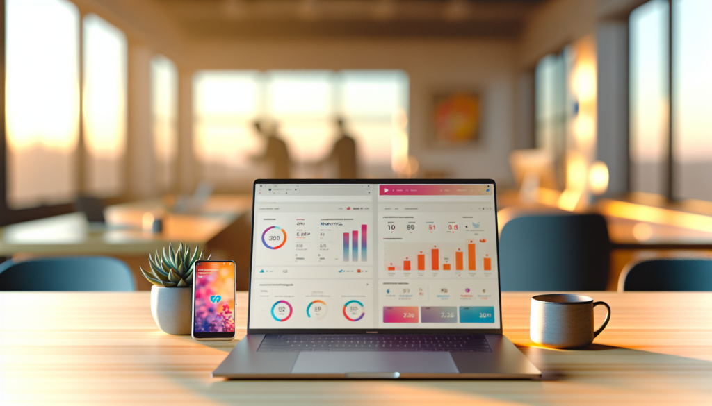 Espace de travail moderne avec ordinateur affichant tableaux de bord analytics pour formation Facebook et Instagram