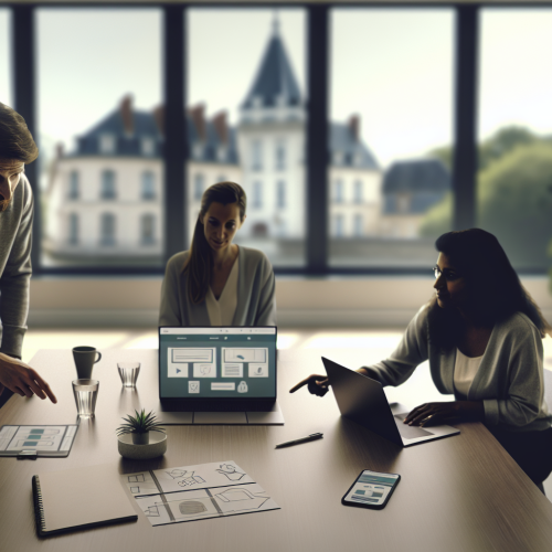 agence web compiègne équipe digitale en réunion autour d’un laptop et tablette planifiant une stratégie site web bureau lumineux