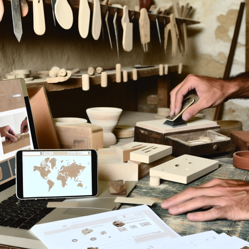 Création sites web artisans atelier français mains au travail ordinateur avec interface web smartphone carte outils et factures floues arrière plan