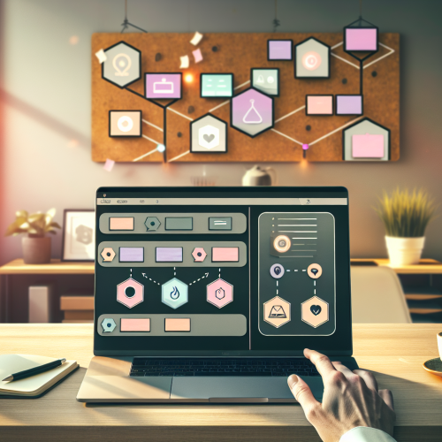 Scénario make gestion prospects sur bureau agence laptop CRM tableau de bord mains au trackpad notes schéma automatisation café