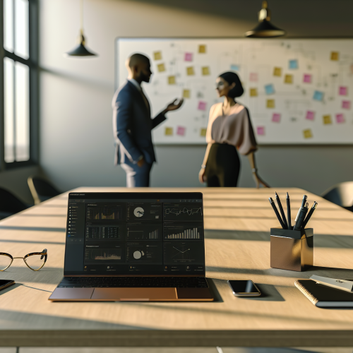 Bureau moderne avec laptop affichant des tableaux d'automatisation processus métier pme dans un espace de travail lumineux
