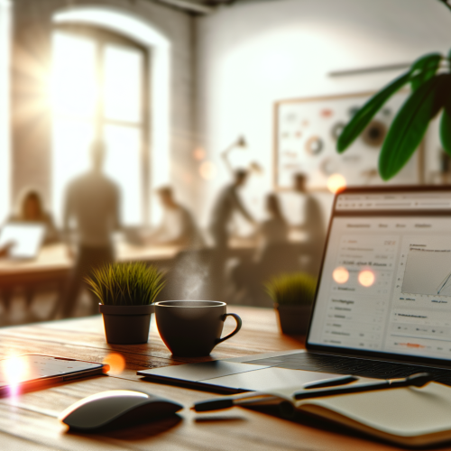 Bureau moderne d’une agence web Oise avec laptop ouvert graphiques SEO café et équipe en arrière-plan