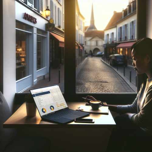 Jeune professionnel travaillant sur laptop dans un café cosy à Beauvais symbolisant agence web beauvais moderne et locale