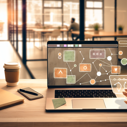 Bureau agence digitale laptop et smartphone avec workflows automatisation make ou zapier prix calculatrice reçus et café lumière naturelle