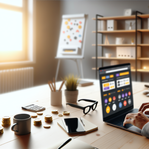 Espace de travail marketing avec laptop analytics et pièces en euros pour estimer les tarifs google ads