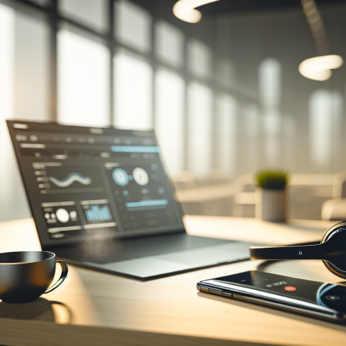 Bureau moderne avec casque sans fil smartphone affichant appel vocal et laptop illustrant un agent vocal ia en action